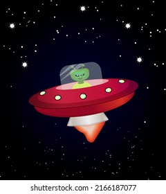 cartoon alien riding ufo flying in the space