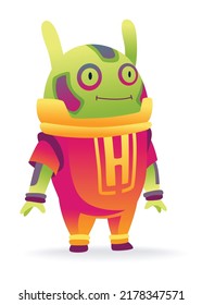 Cartoon alien. Robot toys character. Android isolated on white background. Funny monster for kids monstrosity in space suit