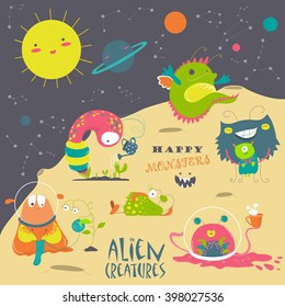 Cartoon alien and space