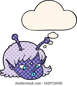 cartoon alien space girl face with thought bubble in comic book style