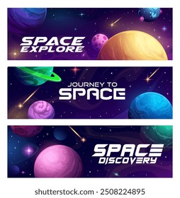 Cartoon planetas alienígenas do espaço, bandeiras da paisagem da galáxia com estrelas e cometas. Cartas horizontais vetoriais para exploração do Universo, missão de pesquisa espacial, jogo fantástico ou descoberta de fantasia