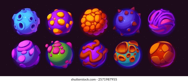 Cartoon alien space planets and stars for galaxy fantasy game, vector icons. Alien space planets with craters, ice and fire lava or colorful stones surface in starry sky for cosmic fantasy and galaxy