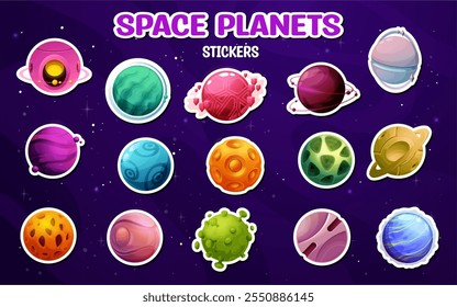 Cartoon alien space planets stickers. Vector patches set of vibrant fantasy galaxy planets against a starry purple sky background. Colorful cosmic world spheres, celestial bodies with rings, craters