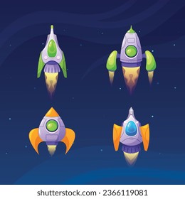 Cartoon Alien Space Ships, Rockets, Fantasy Bizarre Shuttles, Computer Game Graphic Design Elements, Cosmic Collection