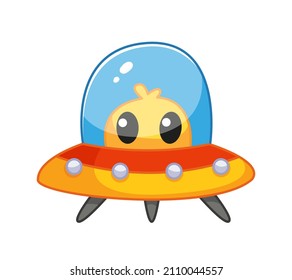 Cartoon alien in a space transport in the form of a plate, in a cute style for children. Vector colorful illustration with outline. Drawing of space transport. Journey through the universe