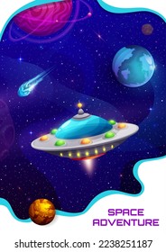 Cartoon alien space UFO in starry universe. Space adventure vertical poster or vector banner, alien life exploration background with fantasy planets, ice comet and UFO flying saucer among galaxy stars