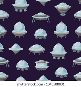 Cartoon Alien Spaceship or Ufo Ship Seamless Pattern Background Science Technology Travel Cosmic Concept Element Flat Design Style. Vector illustration