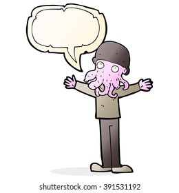 caricatura alienígena frente al hombre con burbuja de habla
