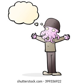 cartoon alien squid face man with thought bubble