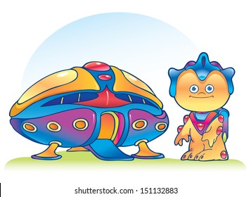 Cartoon alien standing near spaceship