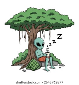 Cartoon alien taking a nap under a tree with a cup of coffee, with "Zzz" floating above his head.