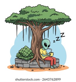 Desenhos animados alienígenas tirando um cochilo debaixo de uma grande árvore, bebendo de um copo.
