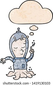 cartoon alien with thought bubble in grunge texture style