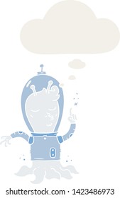 cartoon alien with thought bubble in retro style