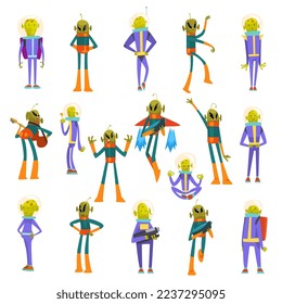 Cartoon Alien and Ufo Characters Wearing Space Costume Big Vector Set