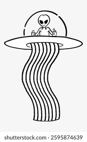 Cartoon alien in a UFO, with a large head and big eyes. The alien, in a spaceship, is depicted in a simple, playful style, with a beam extending downwards. Doodle illustration vector.