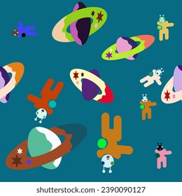  Cartoon alien, UFO, spaceship and space planets with galaxy stars landscape vector background. Cute galaxy explorer character.