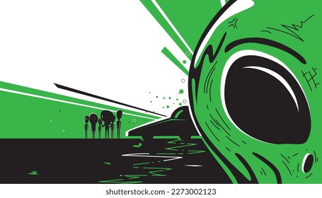 Cartoon alien and ufo spaceships with rays for abduction. Vector illustration