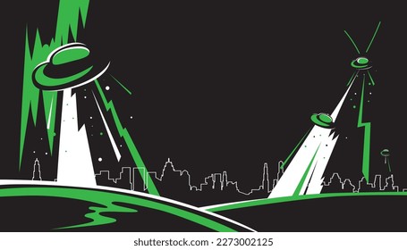 Cartoon alien and ufo spaceships with rays for abduction. Vector illustration