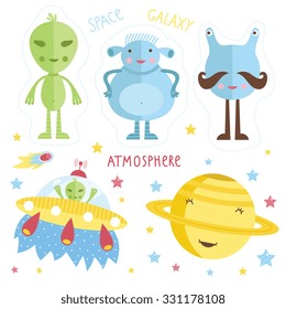 Cartoon aliens, extraterrestrial beings, cartoon space. 
