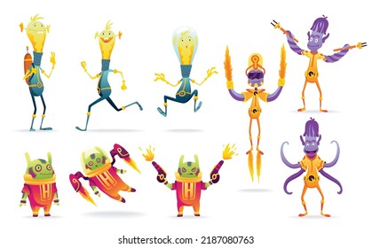 Cartoon aliens. Robot toys characters set. Collection of androids isolated on white background. Funny monsters for kids monstrosity in space suits