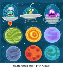 Cartoon aliens in spaceships, set of planets in space background