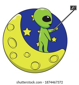 Cartoon aliens taking pictures on the moon. Flat cartoon style suitable for web landing page, banner, flyer, sticker, card, children books and etc.