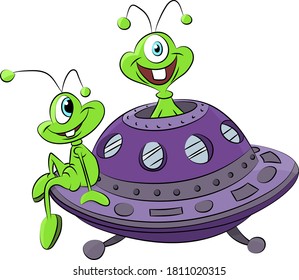 Cartoon aliens traveling with their spaceship vector illustration