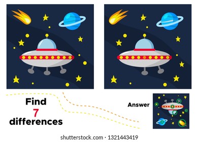 Cartoon aliens UFO. Educational game for children. Find 7 differences. Space theme. Vector illustration.