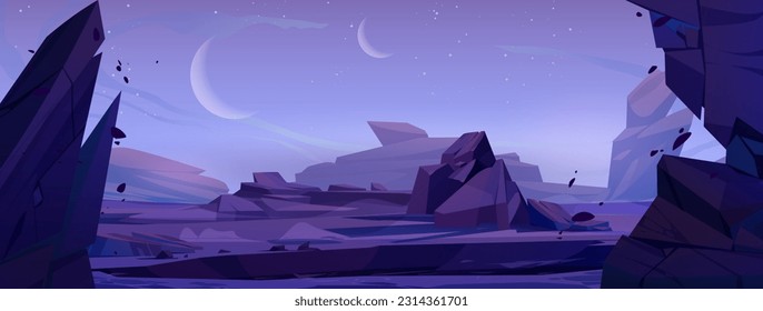 Cartoon alient planet surface with stones. Vector illustration of rocky landscape, moon, stars and satellites in night sky, uninhabited space territory with craters. Cosmic adventure game background