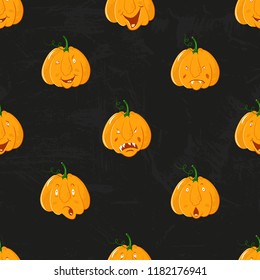 Cartoon alive pumpkins seamless pattern. Pumpkin from different sides background, For fall wallpaper, fabric, greeting cards, invitation on black grunge background