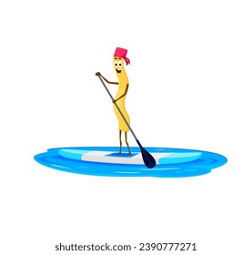 Cartoon all nuovo cheerful pasta character on summer beach vacation and sports. Isolated comical noodle riding sup board in ocean during coastal holiday. Funny personage having fun at seaside resort