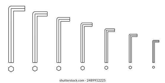 Cartoon allen wrench or hex key. Wrenches tools. Work service tool. hex key assembly set. Bicycle, cycling maintenance and repair. Home, furniture or bike fixing concept. Travel, inbus keys.