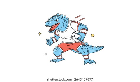 Cartoon Alligator Atleta Jogando Futebol com um olhar determinado Ilustração Isolado Fundo