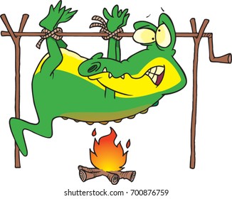 cartoon alligator being roasted over a fire