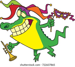 cartoon alligator celebrating mardi gras with a jester hat, trumpet and mask