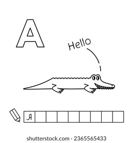 Farbseiten für den Cartoon Alligator. Spiel für kleine Kinder lernen - schreiben Sie ein Wort in englischer Sprache. Vektoralphabet für Kinder