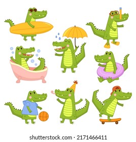 Cartoon alligator. Cool green crocodile surfer and diver, takes bath and skateboarding. Mascot in different activities vector illustration set. Alligator and crocodile predator wildlife