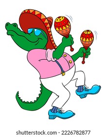 Cartoon alligator. Cartoon crocodile musician. Vector image of a cartoon crocodile, isolated on white. Satisfied alligator in a Mexican hat with maracas. Dancing cartoon alligator.