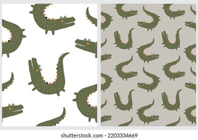 Cartoon of a Alligator. Cute Hand Drawn Green Crocodile on a White and Light Green Background. Jungle Animal Seamless Vector Pattern. Safari Party Print ideal for Fabric, Textile, Wrapping Paper. 