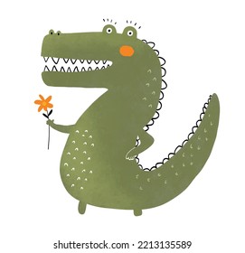 Cartoon Of A Alligator. Cute Hand Drawn Green Crocodile On A White Background. Jungle Animal Vector Illustration. Safari Party Print Ideal For Wall Art, Poster, Card. Kids' Room Decoration. No Text.