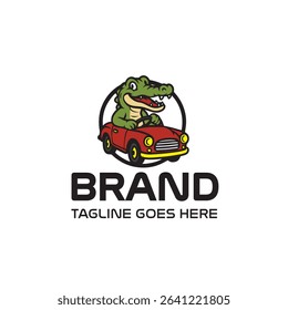 Cartoon alligator driving a red car logo