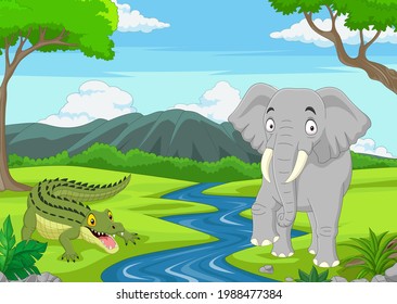 Cartoon alligator with elephant in the jungle