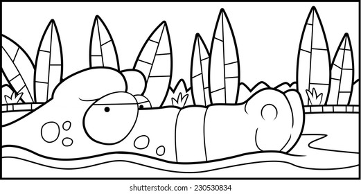 A cartoon alligator floating in the swamp.