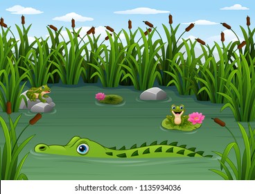 Cartoon alligator and Frogs in the pond