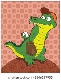 Um jacaré de desenho animado se prepara para jogar o primeiro arremesso em um jogo de beisebol.
