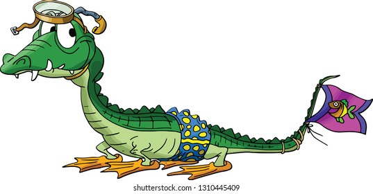 Cartoon alligator goes to snorkeling vector illustration