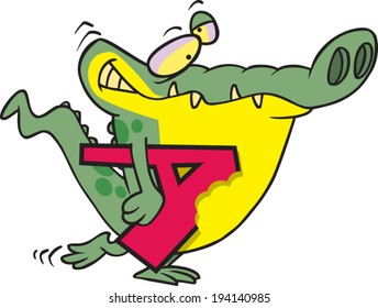 cartoon alligator holding the letter a