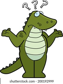 A cartoon alligator looking confused and shrugging.