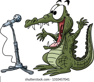 Cartoon alligator making a speech on a stage vector illustration